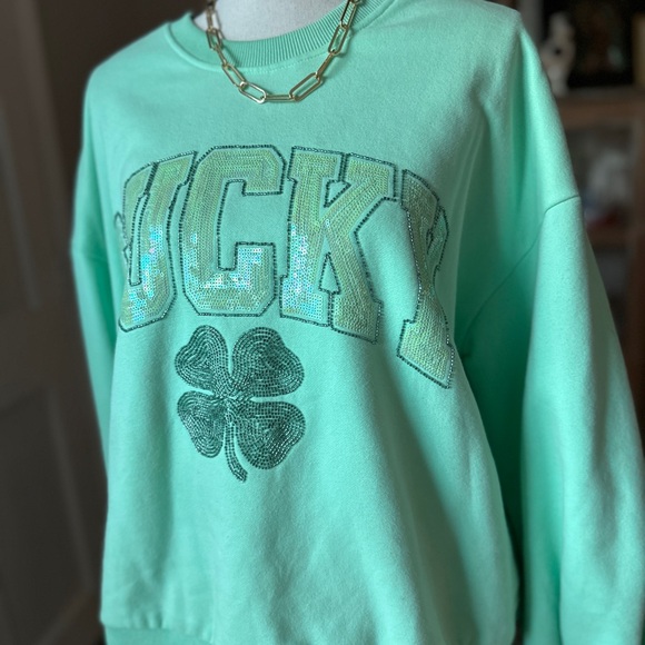 QUEEN OF SPARKLES Mint Green Lucky Clover sweatshirt - Picture 3 of 6